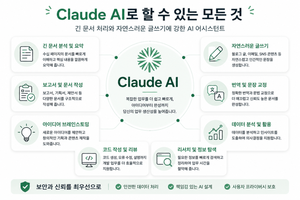 Claude AI 주요 기능과 활용 분야 인포그래픽