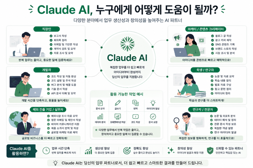 Claude AI 활용 사례와 직장인, 마케터, 개발자, 학생 업무 활용
