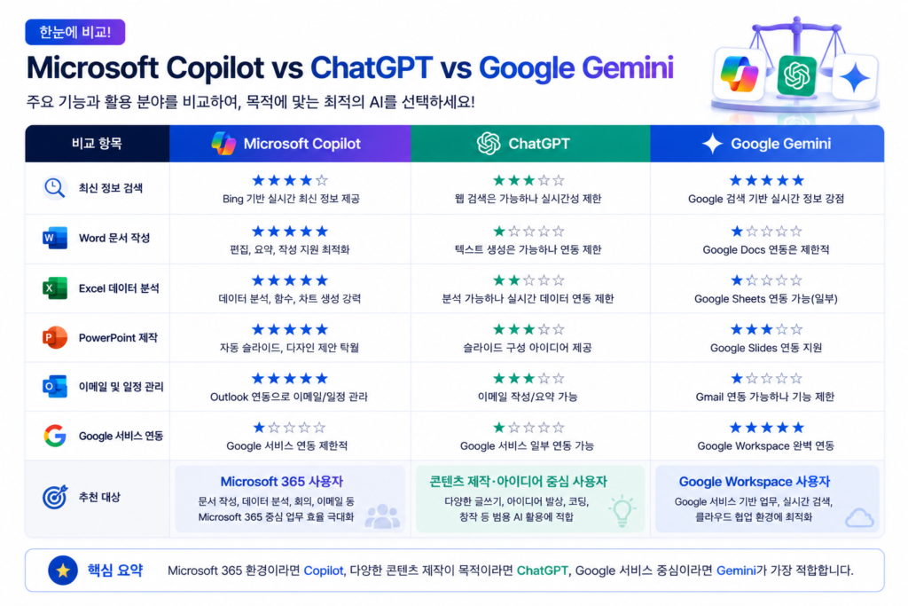 Microsoft Copilot과 ChatGPT Google Gemini 비교