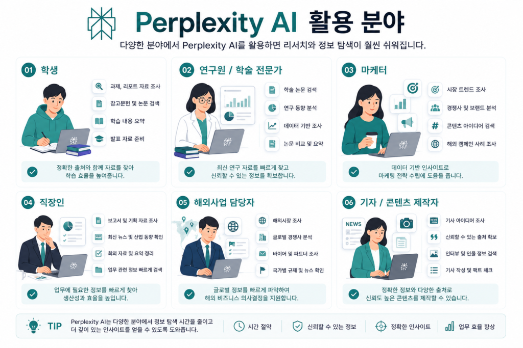 Perplexity AI 활용 분야와 학생 연구원 마케터 직장인 해외사업 담당자 활용 사례