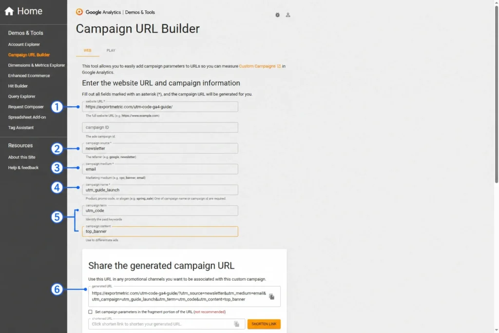Campaign URL Builder의 Website URL과 Source, Medium, Campaign Name 입력 영역