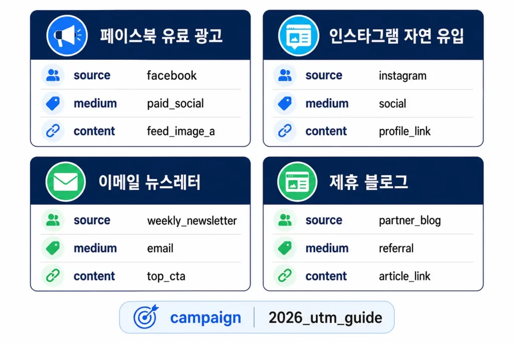 페이스북 광고, 인스타그램 게시물, 뉴스레터, 제휴 블로그의 UTM 설정값 비교