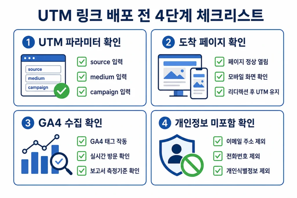 UTM 파라미터, 도착 페이지, GA4 수집, 개인정보를 확인하는 배포 전 체크리스트