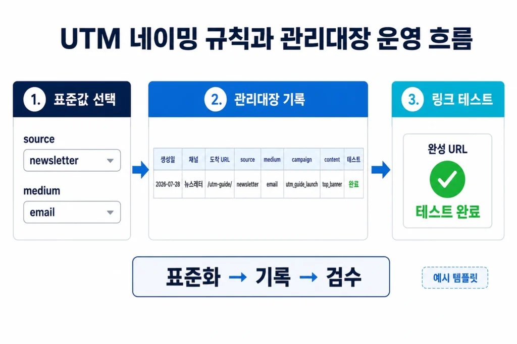 표준 UTM 값을 선택해 관리대장에 기록하고 링크를 테스트하는 운영 흐름